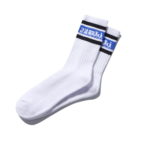 YAS014 Scribble Crew Socks (White/Black/Royal Blue)